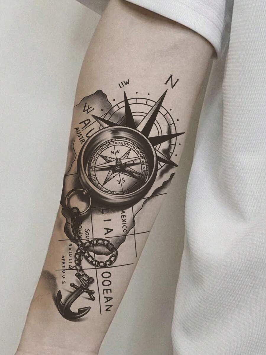 1 pieza Tatuajes temporales de reloj de brújula de estilo europeo geométrico, resistentes al agua y al sudor, duran de 1 a 2 semanas, realistas, de jugo de hierbas, sin reflejo, falsos negros, tatuajes falsos para mujeres y hombres, calcomanías de tatuaje para brazo, pecho, pierna, abdomen, cintura, arte corporal modernista - Negro - Ver 1