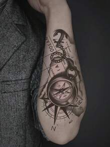 1 pieza Tatuajes temporales de reloj de brújula de estilo europeo geométrico, resistentes al agua y al sudor, duran de 1 a 2 semanas, realistas, de jugo de hierbas, sin reflejo, falsos negros, tatuajes falsos para mujeres y hombres, calcomanías de tatuaje para brazo, pecho, pierna, abdomen, cintura, arte corporal modernista - Negro - Ver 2