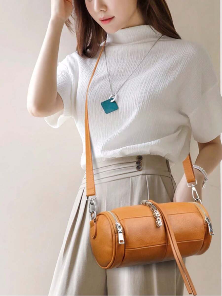 Leather Small Bag Women's 2022 Boston Bag Cowhide Cylinder Bag Versatile Casual First Layer Cowhide Shoulder Crossbody Bag - Yellow - View 1