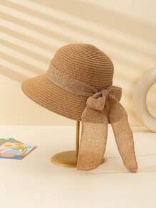 1 peça chapéu de sol respirável com laço de linho para crianças unissex, simples e moderno, adequado para atividades ao ar livre, praia, uso diário no verão - Multicolorido - Ver 4