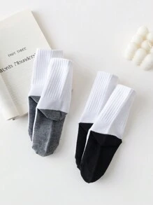 5pairs Kids/Student Contrast Color Crew Socks, Elastic Sports Socks In Black, White, Gray For All Seasons, For Boys - Multicolor - View 3
