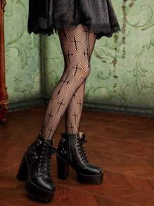 1 双女式朋克交叉网眼大腿袜，哥特式深色镂空透视高腰透明紧身裤 - 黑色 - 查看 3