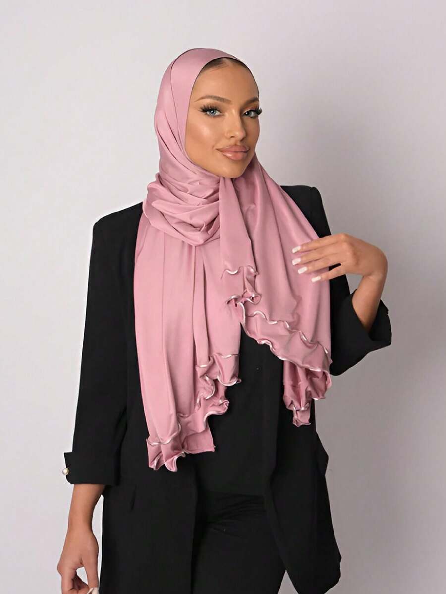 1pc Women Solid Jersey Hijab Modal Soft Headscarf With Frill Trimmed Decor Scarves For Women, Suitable For Daily Use In Arab Style Headband For Abaya Women Veil - Pink - View 1