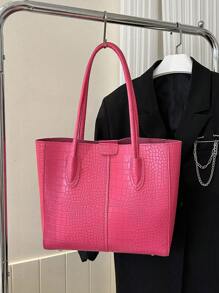 Solid Color Minimalistic Light Luxury PU Tote Bag, New Fashion With Unique High-End Design - Pink - View 2
