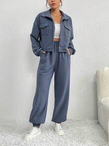 Conjunto informal de 2 piezas, camiseta y pantalones, para mujeres - Azul - Ver 3