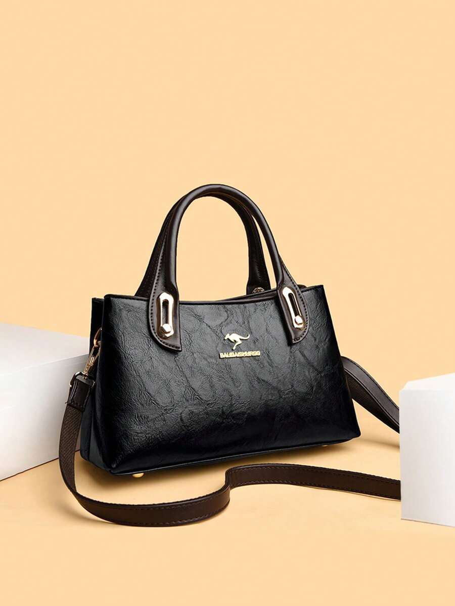 時尚大容量柔軟皮革手提包,輕便的上班族肩帶包 - 黑色 - 查看 1