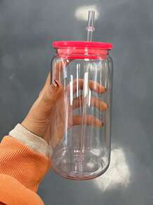 1 pieza Frasco de albañil de plástico a prueba de roturas con tapa y pajita de color, vaso transparente - Multicolor - Ver 8