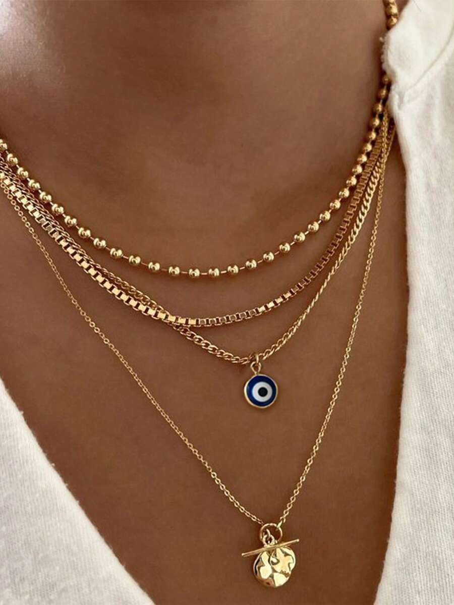 1pc Simple Devil Eye Multi-Layer Necklace Set For Women, Holiday/Date Gift And Daily Collocation - 金黃色 - 查看 1