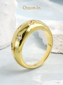 Charm-In 1 chiếc Nhẫn Trang Trí Ngôi Sao Đính Đá Cubic Zirconia Trang Sức Đồng - Vàng - Xem 1