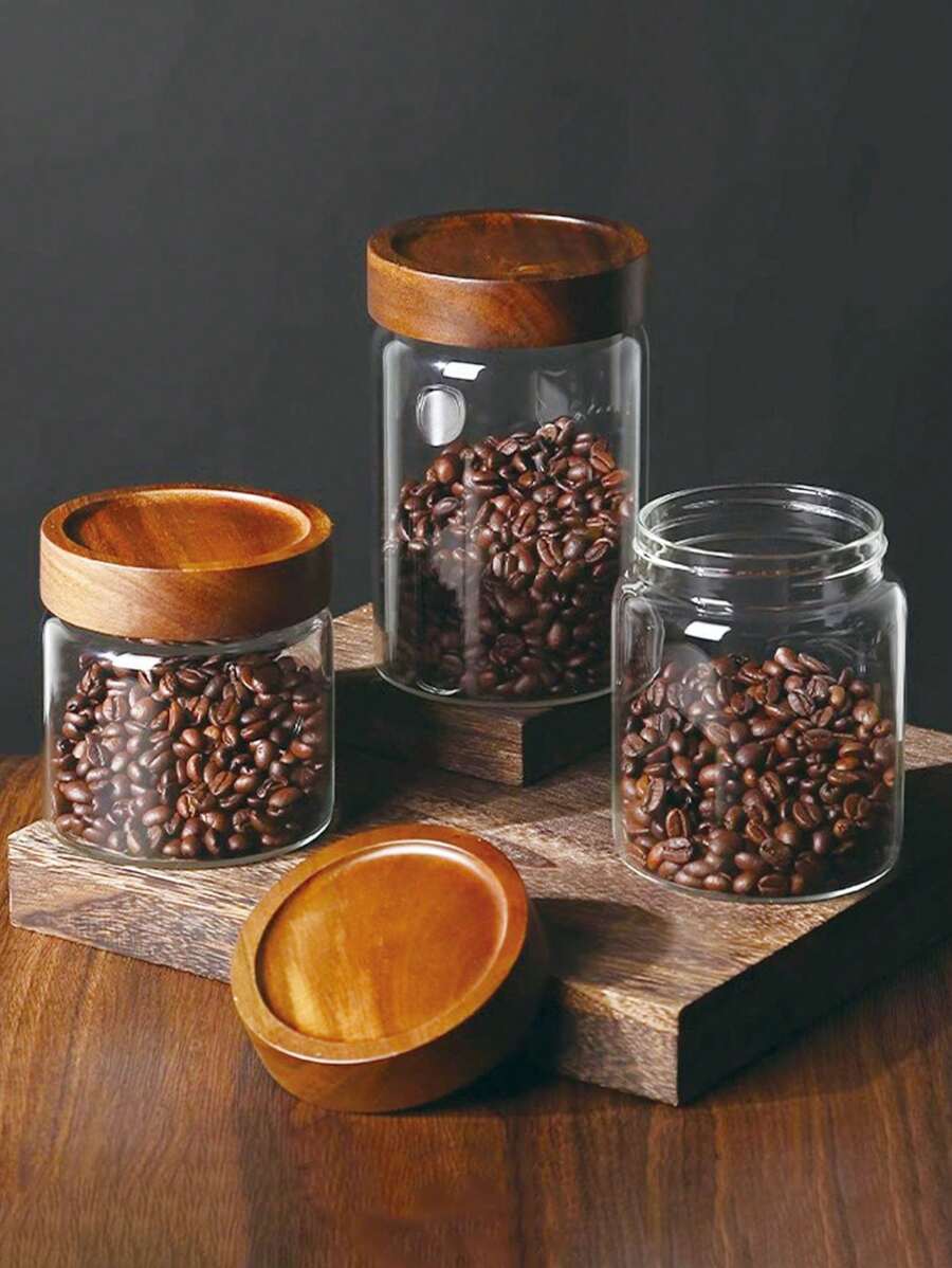 1 hũ thủy tinh có nắp gỗ, hộp đựng thực phẩm, ngũ cốc, trà, cà phê, kẹo dùng trong nhà bếp. - Nhiều màu - Xem 1
