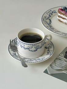 手繪花卉陶瓷杯碟一套,復古法式咖啡杯碟,文青風古風茶杯碟,適用於客廳、餐廳、咖啡店 - 藍色 - 查看 3