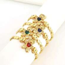 1 件铜镀 18K 金时尚精致熊与心形串饰手链，镶嵌微镶方晶锆石，开口扣，适合女性嘻哈风格个性化 - 彩色 - 查看 2