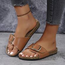 Versatili ciabatte da donna in sughero con design a fibbia, alla moda con apertura d'estate, casual, piatte, da spiaggia in colore nero o marrone - Castano - Visualizzare 5