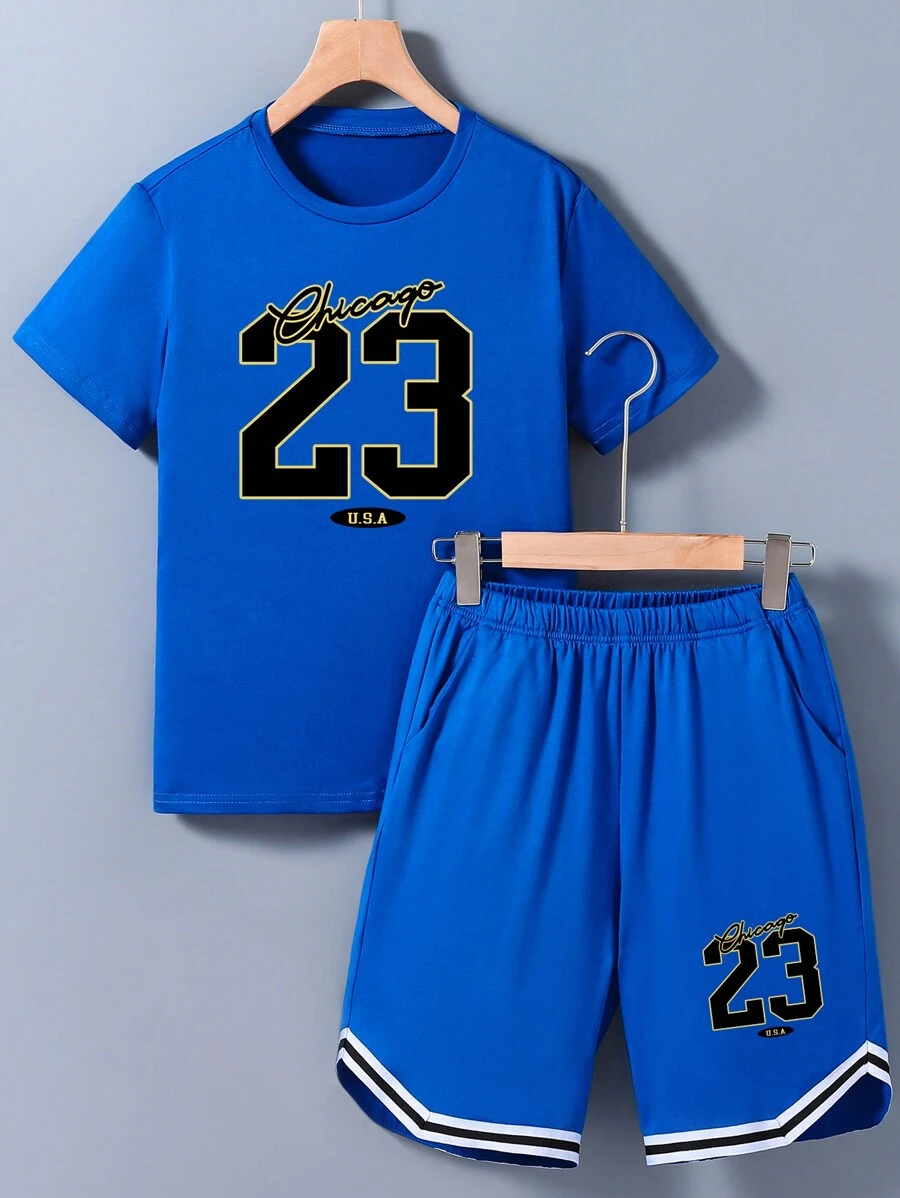 Tween Boy 2 件套运动服字母印花篮球运动服,适合大龄儿童的休闲运动服套装 - 藍色 - 查看 1