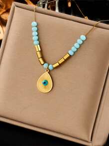 1件装 时尚简约小众复古蓝色水滴形波西米亚风串珠不锈钢链项链，女士款 - 金黃色 - 查看 8