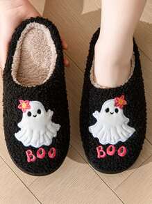 Halloween Cute Cartoon Ghost Indoor Slippers, Anti-Skid Flat Women's Furry Slippers