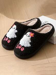 Halloween Cute Cartoon Ghost Indoor Slippers, Anti-Skid Flat Women's Furry Slippers