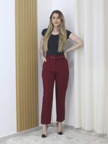 Women's Polyester Elastane Tailored Dress Pants With Belt - Maxma 6622 - 酒紅色 - 查看 1