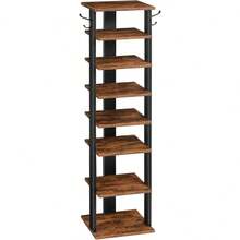 Vertical Shoe Rack, 8 Tier Wooden Shoe Storage Organizer With Hooks, Narrow Shoe Tower For 8 Pairs, Space Saving, For Entryway, Living Room, Bedroom, Rustic Brown BF07XJ01G1