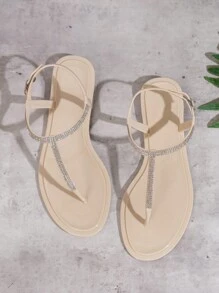 Sandalias planas elegantes con remaches y moño para mujer, chanclas cómodas de dedo abierto para playa y vacaciones al aire libre con rhinestones, flipflops de moda - Albaricoque - Ver 5