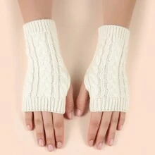 1 Pair Solid Color Cable Knit Fingerless Gloves For Women, Fashion Accessory And Warmth