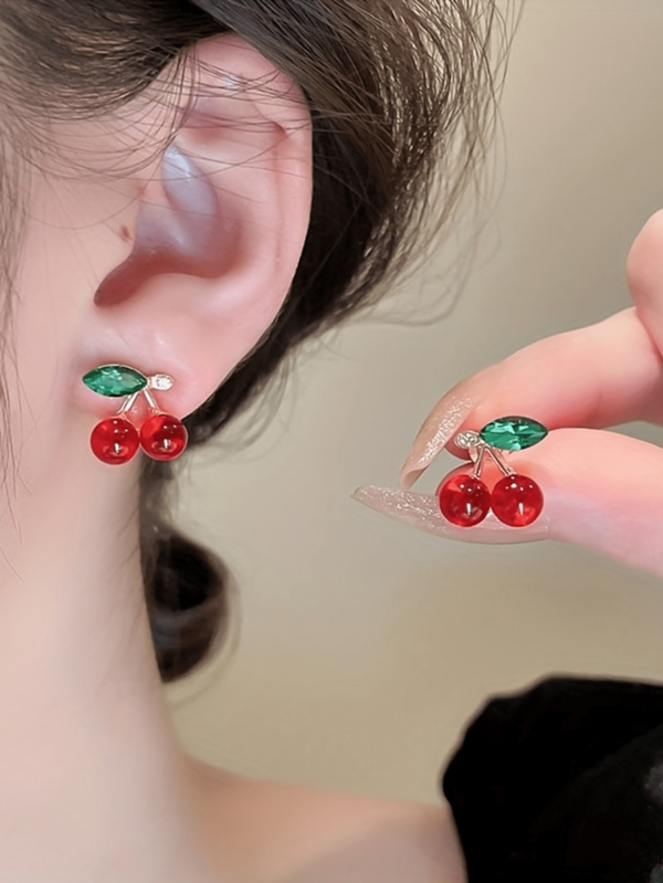 1 par Pendientes con forma de cereza rojos bonitos, pendientes casuales dulces para mujeres y niñas