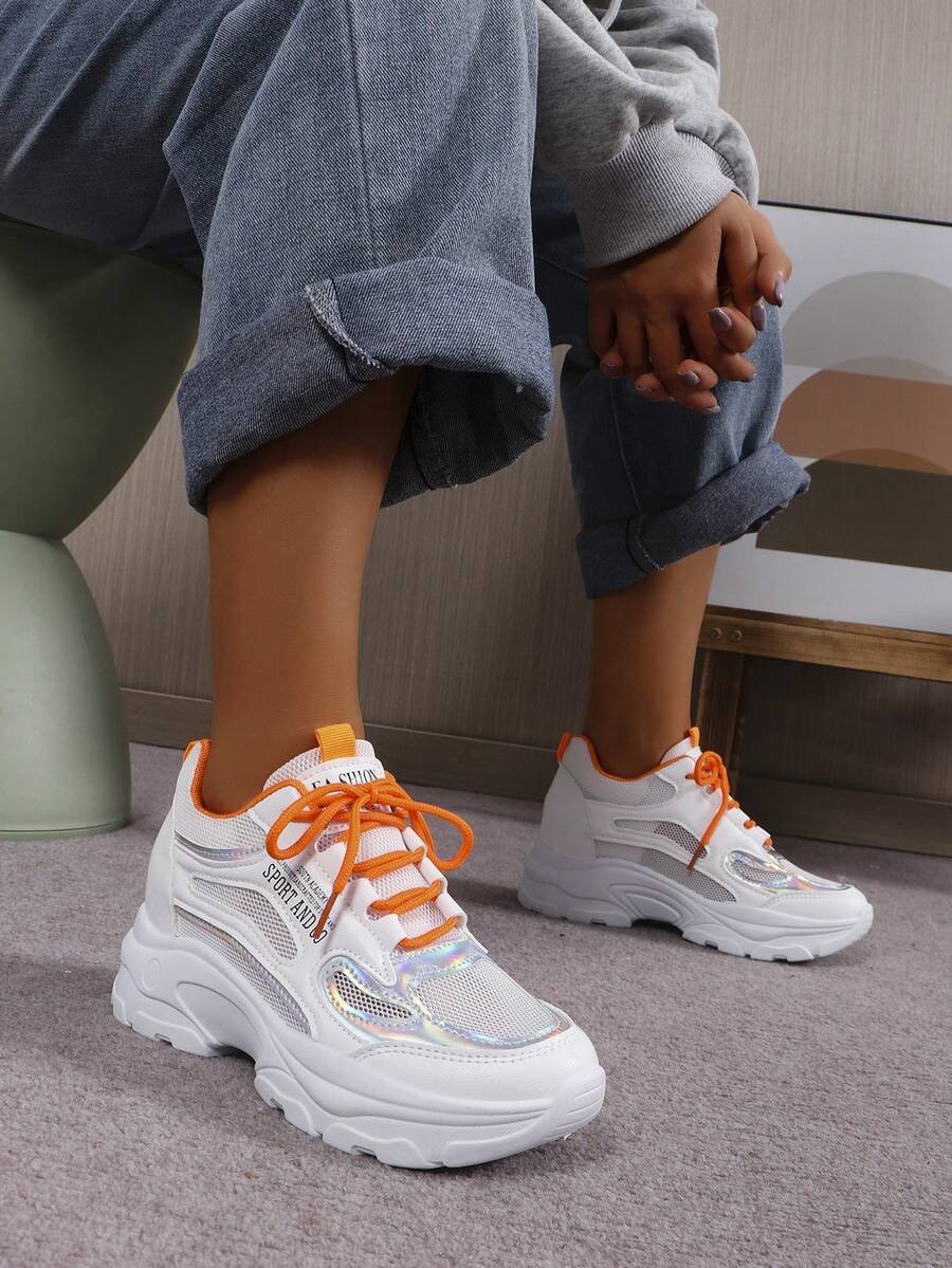 Women's Chunky Sneakers Summer New Breathable Mesh Casual Sports Shoes, Hidden Wedges - Red and White - View 1