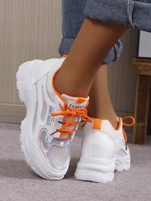 Women's Chunky Sneakers Summer New Breathable Mesh Casual Sports Shoes, Hidden Wedges - Red and White - View 4