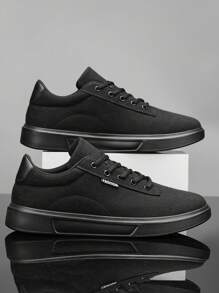 Zapatos casuales con cordones para hombres, tenis cómodos de color negro clásico, zapatos formales de unicolor minimalista - Negro - Ver 4