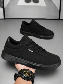 Zapatos casuales con cordones para hombres, tenis cómodos de color negro clásico, zapatos formales de unicolor minimalista - Negro - Ver 5