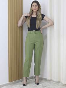 Women's Polyester Elastane Tailored Dress Pants With Belt - Maxma 6622 - 綠色 - 查看 1
