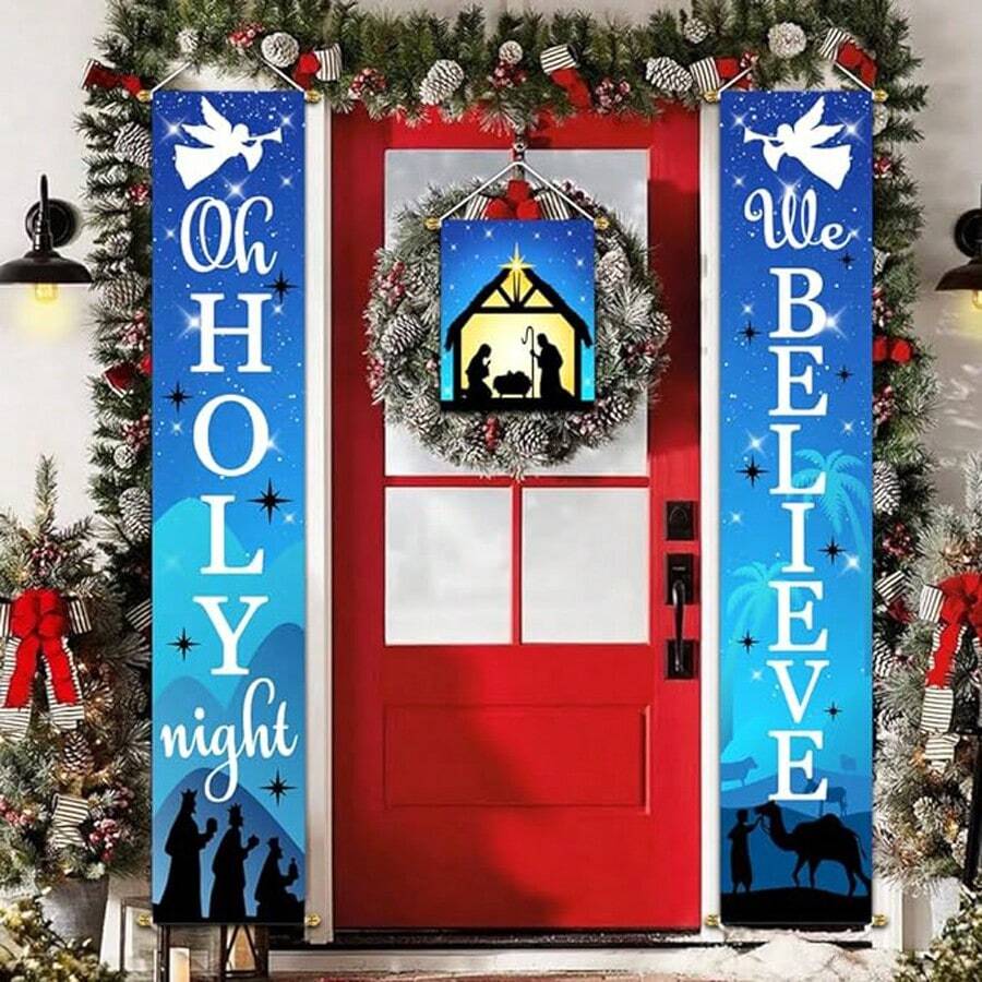 2pcs Christmas Decorations Outdoor Yard: Blue Holy Night Banner Front Porch Sign Set, Hanging Jesus Christmas Decorations For Home, Indoor Outdoor Xmas Decor Wall Front Door Yard Garage - Multicolor - View 1