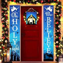 2pcs Christmas Decorations Outdoor Yard: Blue Holy Night Banner Front Porch Sign Set, Hanging Jesus  Christmas Decorations For Home, Indoor Outdoor Xmas Decor Wall Front Door Yard Garage - Multicolor - View 3