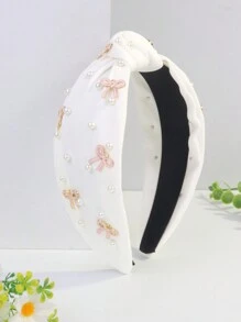 女款金屬極簡珍珠純色寬邊布藝蝴蝶結髮箍，情人節髮箍髮飾 - 彩色 - 查看 13