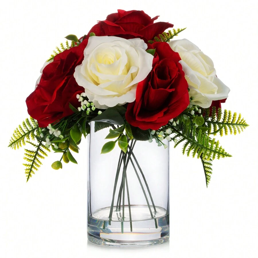 10 Heads Rose Artificial Flowers In Vase, Mixed Rose Fake Flowers