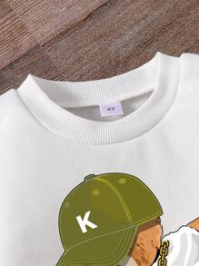 Young Boy Bear Printed Warm Round Collar Sweatshirt And Cargo Pants