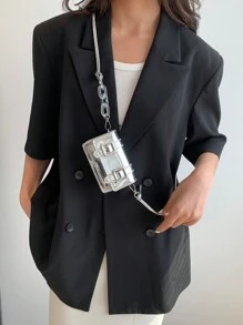 迷你斜挎包带扣装饰金属时髦 PU 适合日常生活、时尚钱包 - 銀色 - 查看 10