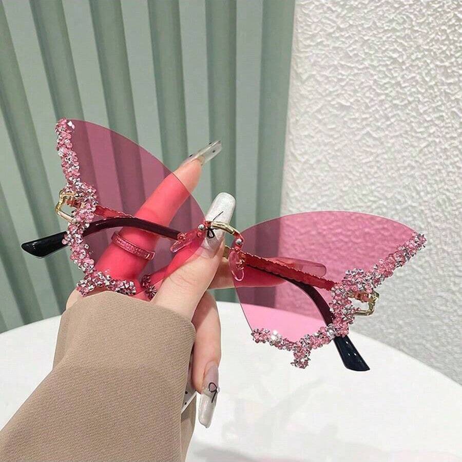 1pc Oversized Crystal-Embellished Butterfly Fashion Glasses For Women, Fashion & Stylish For Photography And Everyday Use For Summer Beach Vacation,Outdoor,Travel Preppy Style For Back To School