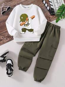Young Boy Bear Printed Warm Round Collar Sweatshirt And Cargo Pants