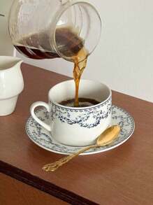 手繪花卉陶瓷杯碟一套,復古法式咖啡杯碟,文青風古風茶杯碟,適用於客廳、餐廳、咖啡店 - 藍色 - 查看 8