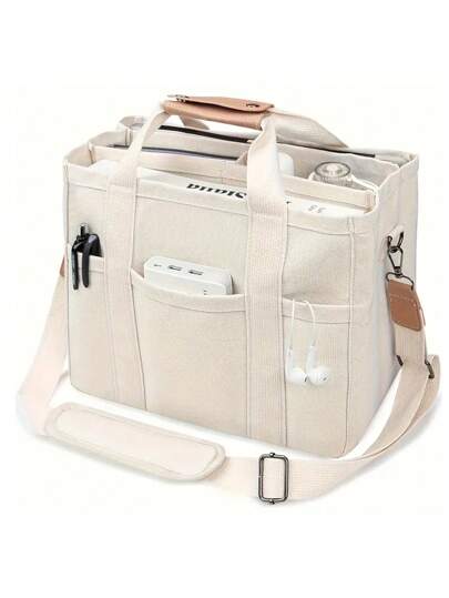 大容量多口袋单肩包，带隔层，多功能手提包，带手柄，米色，大号校园手提包，多个隔层，非常适合海滩、学校、工作和日常使用