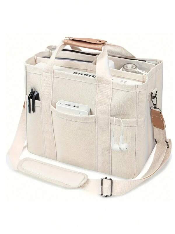 Large Capacity Multi-Pocket Shoulder Bag With Compartments, Versatile Handbag With Handles, Beige, Large School Tote Bag, Multiple Compartments, Perfect For Beach, School, Work & Daily Use