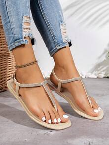 Sandalias planas elegantes con remaches y moño para mujer, chanclas cómodas de dedo abierto para playa y vacaciones al aire libre con rhinestones, flipflops de moda - Albaricoque - Ver 3