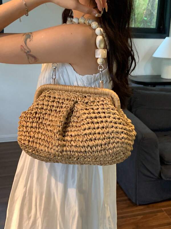 Bolsa de Ombro de Tecido de Palha de Cor Sólida para Praia e Viagens Casuais para Mulheres, Design Minimalista, Bolsa de Férias na Moda para o Verão