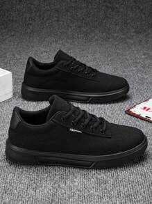 Zapatos casuales con cordones para hombres, tenis cómodos de color negro clásico, zapatos formales de unicolor minimalista - Negro - Ver 6