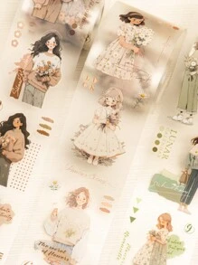 1卷帶子，她的花園系列，精美的藝術人物和花卉貼紙，PET防水材料，易撕裂剪切模具，適用於創意手帳，製作手工照片框，手機殼，水杯和廢紙雜誌 - 彩色 - 查看 3