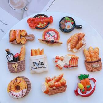 10 st. blandade miniatyrmatvaror i harts - bröd, smyckestillbehör, brevpapper, telefonfodral, nyckelringar, koppar, skospännen, dekorationsklistermärken för kylskåpsmagneter, smyckestillverkningskit, dubbelsidigt självhäftande material ingår