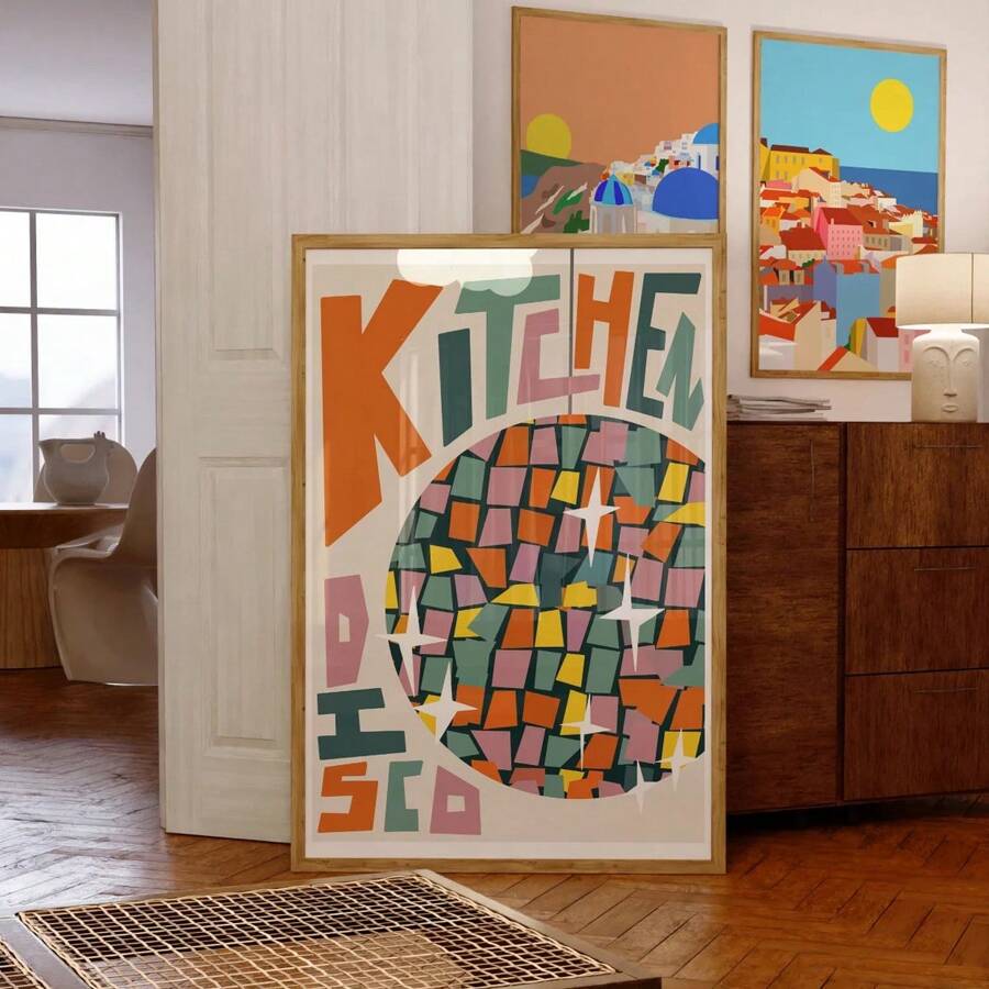 厨房迪斯科艺术印刷品、厨房墙壁艺术/厨房艺术、彩色厨房印刷品、复古艺术印刷品、图形艺术印刷品、无框架 - 彩色 - 查看 1