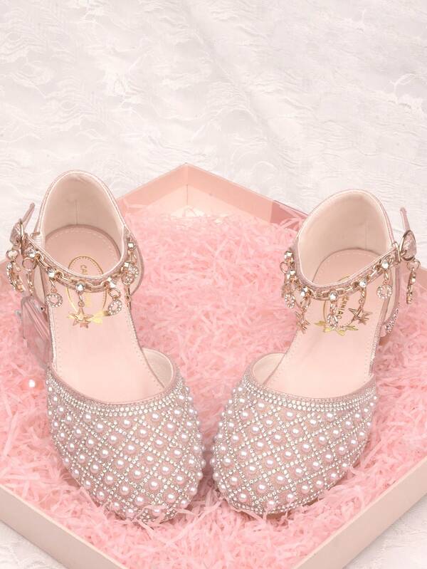 Zapatos de tacón alto de cristal para niños, zapatos de princesa para niñas, sandalias de dedo cerrado con rhinestone y perla, zapatos de vestir