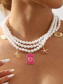 1pc Ladies Multi-Strand Pearl Beaded Knotted Necklace, Pearl White, Elegant Style For Vacation, Casual, Party; 1pc Kids Bow & Pearl Bead Decor Pendant Necklace; 1pc Oval Pendant Necklace, Copper, EU & US Fashion Style, Everyday Wear For Women; 1pc Retro Seascape Faux Pearl Starfish Necklace, Vibe - Multicolor - View 1